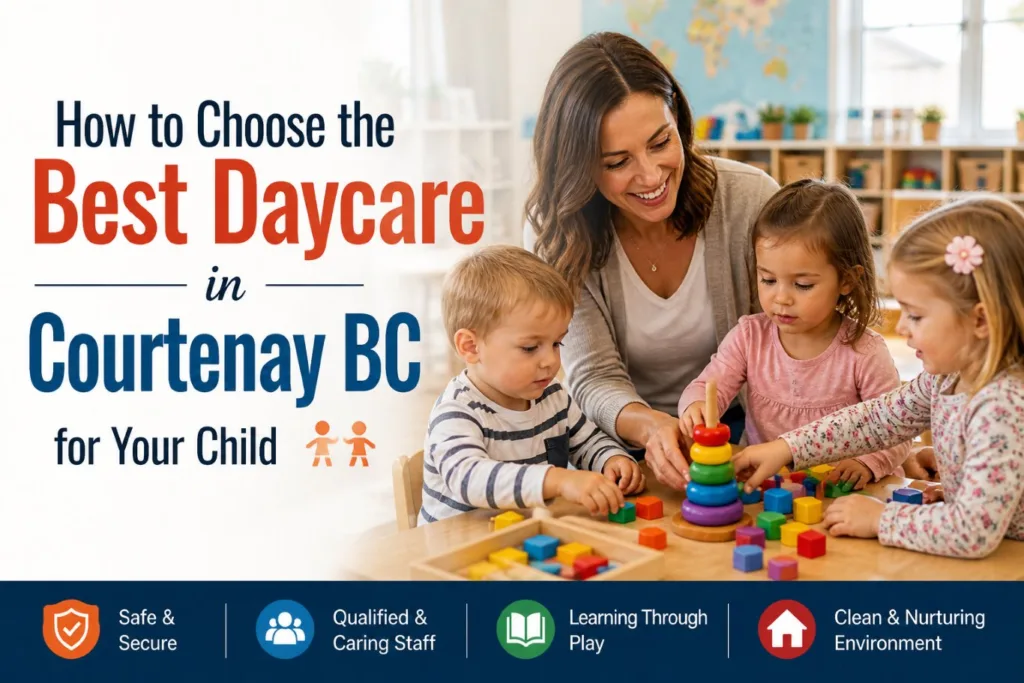 Daycare in Courtenay BC with a caring educator guiding young children during interactive play with colourful learning toys in a safe, clean, and nurturing early childhood environment