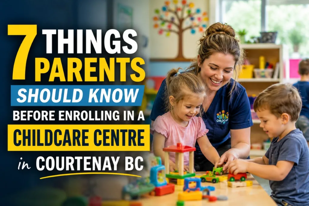 Childcare centre in Courtenay BC with a caring educator supervising young children playing with educational toys in a safe, engaging, and nurturing early learning environment