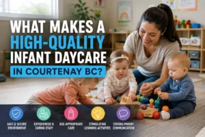Infant daycare in Courtenay BC with a caring childcare provider engaging babies in age-appropriate learning activities and sensory play within a safe, nurturing early childhood environment