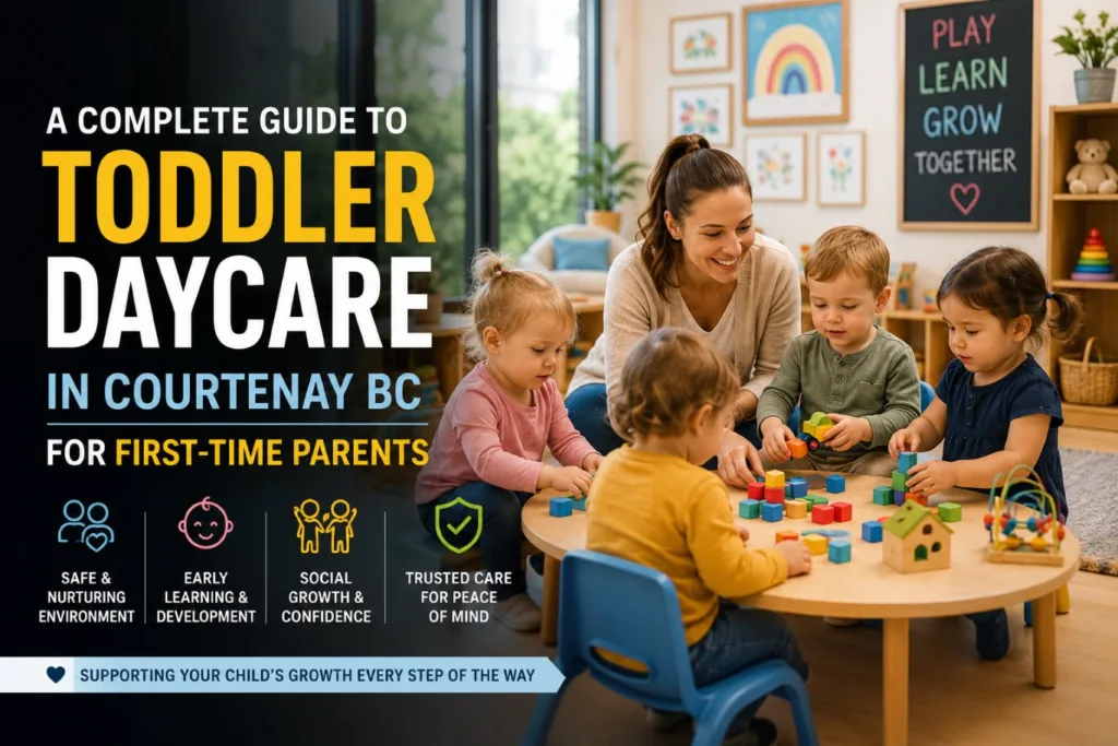 Toddler daycare in Courtenay BC with a caring childcare educator supervising toddlers during interactive play and early learning activities in a safe, nurturing daycare classroom designed for child development and social growth