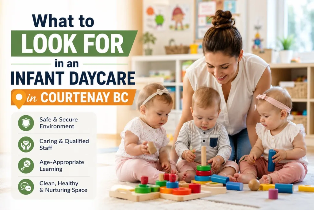 Qualified caregiver interacting with infants during age-appropriate play activities in a safe and nurturing environment, showcasing key features to look for in an infant daycare in Courtenay BC, including quality care, learning opportunities, and child development support.