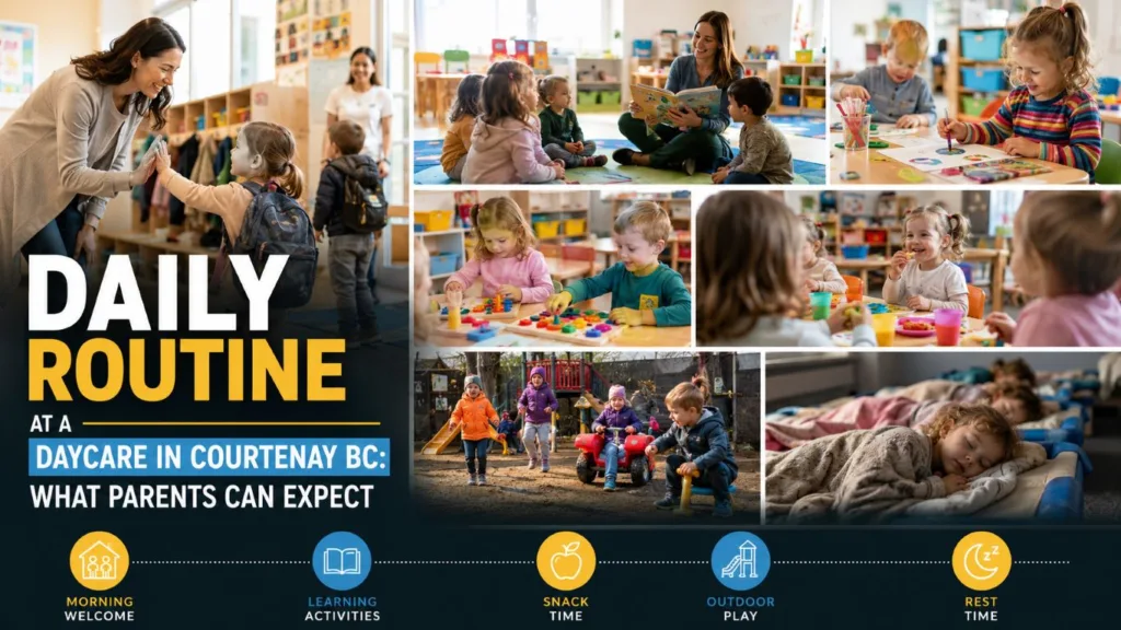 Children participating in learning activities, snack time, outdoor play, rest time, and educator-led sessions as part of a structured daily routine at a daycare in Courtenay BC.