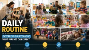 Children participating in learning activities, snack time, outdoor play, rest time, and educator-led sessions as part of a structured daily routine at a daycare in Courtenay BC.
