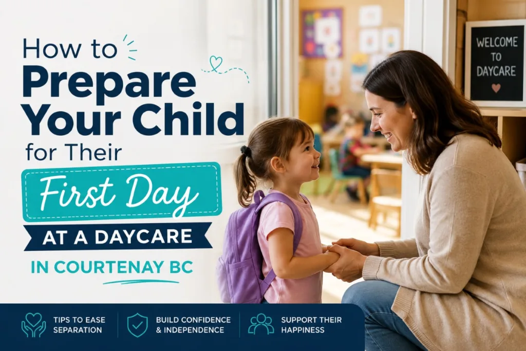 Parent warmly welcoming and encouraging a young child on their first day at a daycare in Courtenay BC, helping build confidence, independence, and a positive transition into an early learning environment.