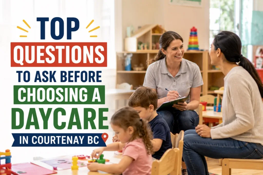 Parent meeting with a childcare educator while children participate in classroom activities, highlighting important factors to consider when choosing a daycare in Courtenay BC for quality early childhood education and care.