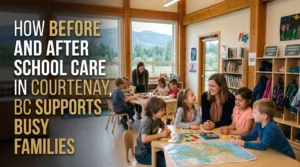 Children participating in educational activities with caregivers in a welcoming classroom, showcasing before and after school care that supports busy families through safe supervision, engaging learning, social development, and a nurturing environment.