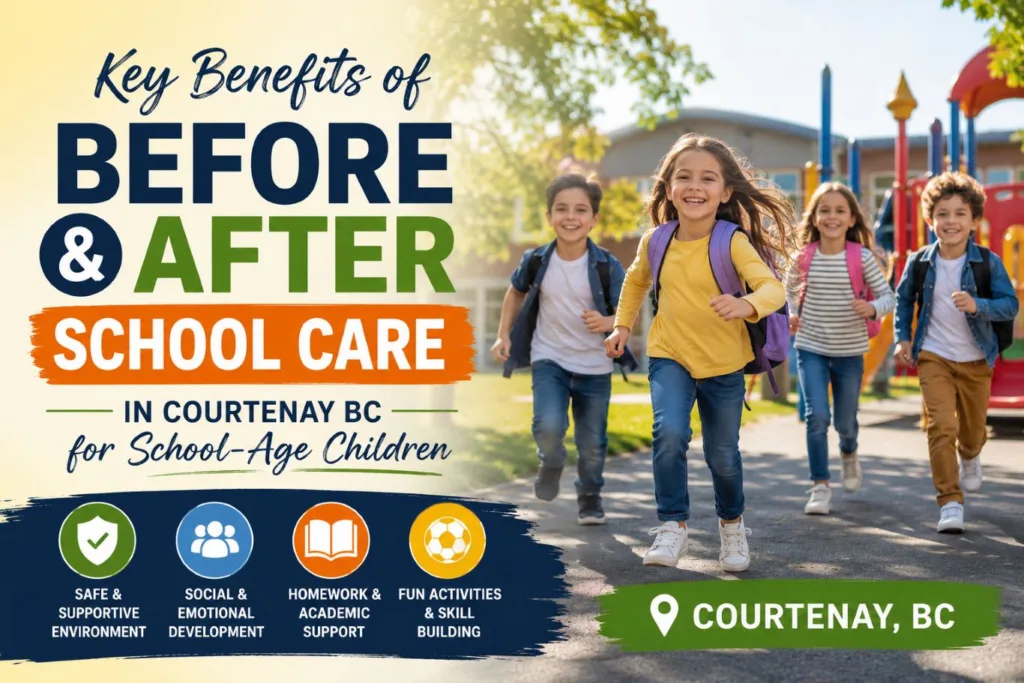 Smiling school-age children running outside a school playground, illustrating the benefits of before and after school care in Courtenay, BC with a safe environment, social development, homework support, and engaging activities.