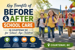 Smiling school-age children running outside a school playground, illustrating the benefits of before and after school care in Courtenay, BC with a safe environment, social development, homework support, and engaging activities.