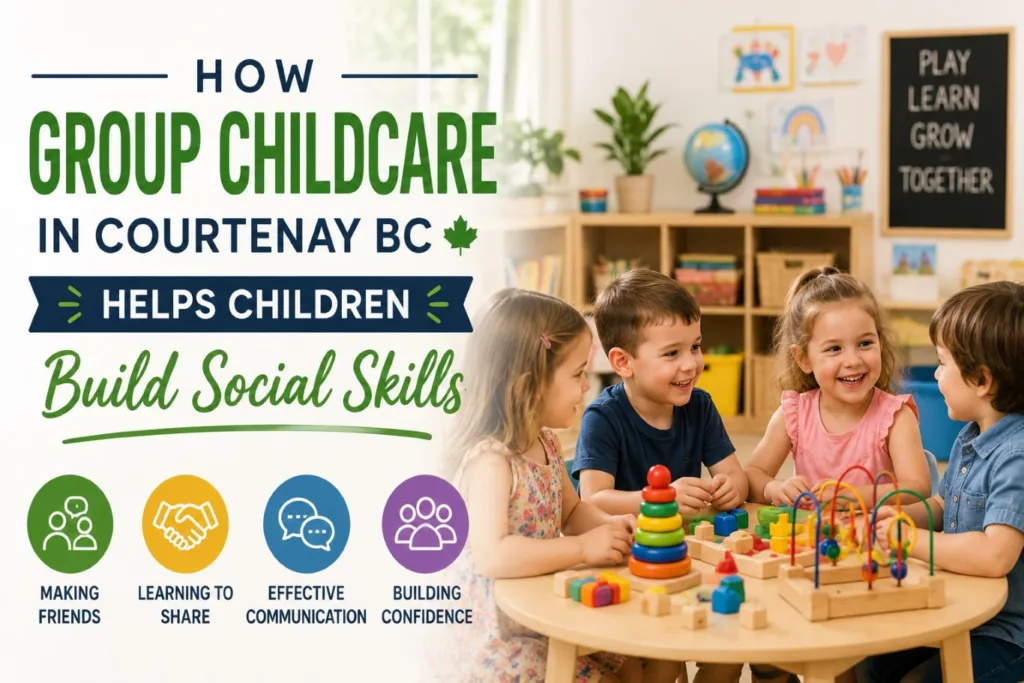Children playing and learning together in a bright classroom, demonstrating how group childcare in Courtenay BC helps build social skills, confidence, communication, sharing, and friendships through interactive early learning activities.